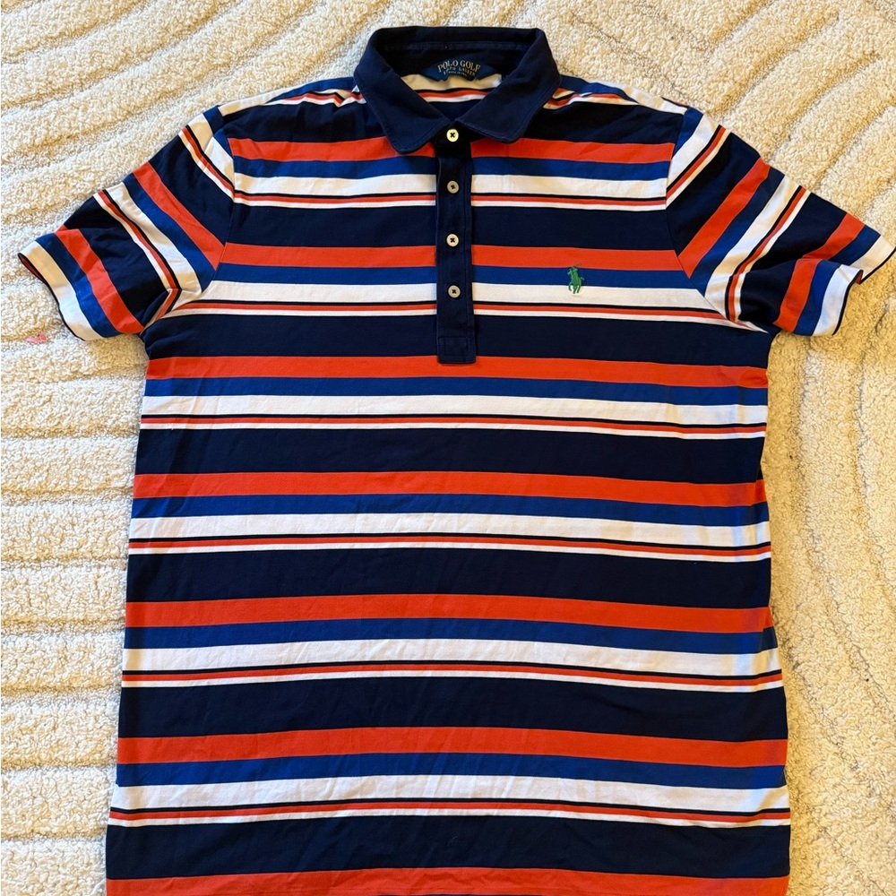 Ralph Lauren Polo Golf Sport Pima Soft Orange Blue White Stripes Large RARE